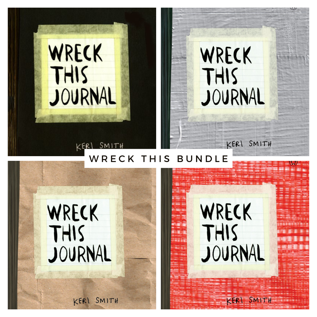 Cover image of "Wreck This Journal Bundle Set," by Keri Smith, showing a collage of four different book covers in black, duct tape, paper bag, and red mesh. Each cover has the book title centered in bold.