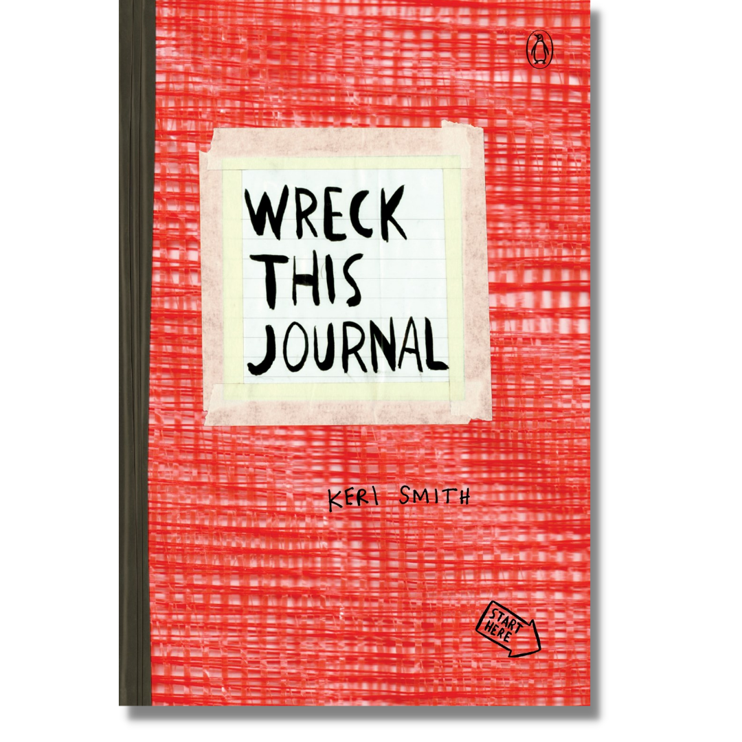 Cover image of "Wreck This Journal," by Keri Smith, showing a red mesh cover with the book title in bold centered in the middle surrounded by masking tape. There is a drawing of a penguin in the upper right-hand corner and a drawing of an arrow with the words, "Start Here" in the lower right-hand corner.