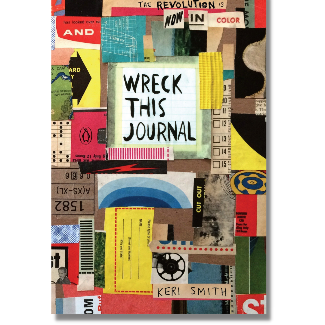 Cover image of "Wreck This Journal," by Keri Smith, showing a multicolored patchwork cover with the book title in bold centered in the middle surrounded by masking tape. The upper right corner has the words, "The Revolution is NOW in Color"